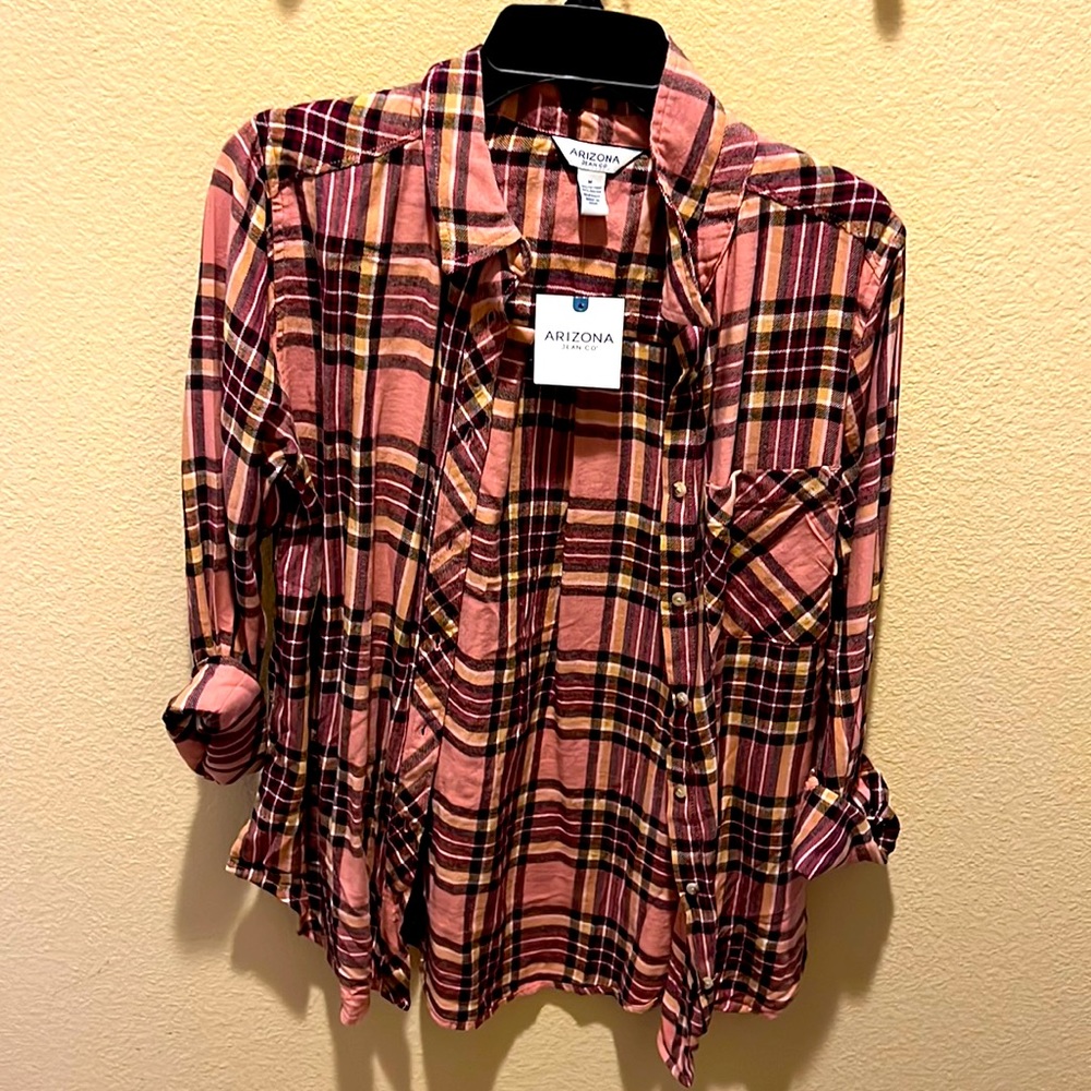 Long sleeved pink and burgundy flannel
